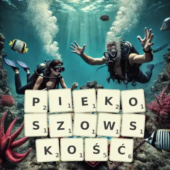 Kreatywna ilustracja do gry w Scrabble ze słowem PIEKOSZOWSKOŚĆ ułożonym z płytek na planszy.