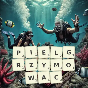 Kreatywna ilustracja do gry w Scrabble ze słowem PIELGRZYMOWAC ułożonym z płytek na planszy.