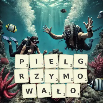 Kreatywna ilustracja do gry w Scrabble ze słowem PIELGRZYMOWAŁO ułożonym z płytek na planszy.