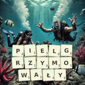 Kreatywna ilustracja do gry w Scrabble ze słowem PIELGRZYMOWAŁY ułożonym z płytek na planszy.