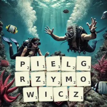 Kreatywna ilustracja do gry w Scrabble ze słowem PIELGRZYMOWICZ ułożonym z płytek na planszy.