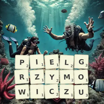 Kreatywna ilustracja do gry w Scrabble ze słowem PIELGRZYMOWICZU ułożonym z płytek na planszy.