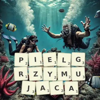 Kreatywna ilustracja do gry w Scrabble ze słowem PIELGRZYMUJACA ułożonym z płytek na planszy.