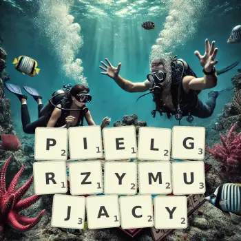 Kreatywna ilustracja do gry w Scrabble ze słowem PIELGRZYMUJACY ułożonym z płytek na planszy.