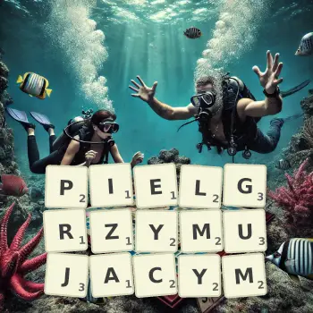 Kreatywna ilustracja do gry w Scrabble ze słowem PIELGRZYMUJACYM ułożonym z płytek na planszy.