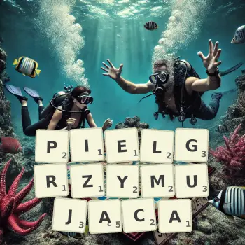 Kreatywna ilustracja do gry w Scrabble ze słowem PIELGRZYMUJĄCA ułożonym z płytek na planszy.