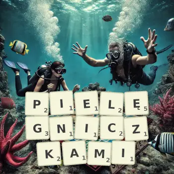 Kreatywna ilustracja do gry w Scrabble ze słowem PIELĘGNICZKAMI ułożonym z płytek na planszy.
