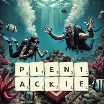 Kreatywna ilustracja do gry w Scrabble ze słowem PIENIACKIE ułożonym z płytek na planszy.