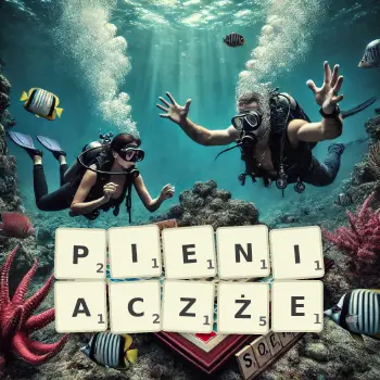 Kreatywna ilustracja do gry w Scrabble ze słowem PIENIACZŻE ułożonym z płytek na planszy.