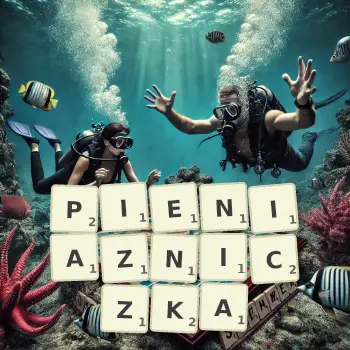 Kreatywna ilustracja do gry w Scrabble ze słowem PIENIAZNICZKA ułożonym z płytek na planszy.