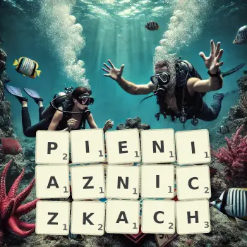 Kreatywna ilustracja do gry w Scrabble ze słowem PIENIAZNICZKACH ułożonym z płytek na planszy.