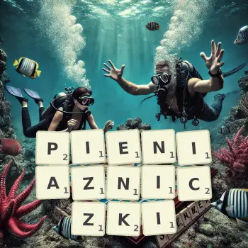 Kreatywna ilustracja do gry w Scrabble ze słowem PIENIAZNICZKI ułożonym z płytek na planszy.