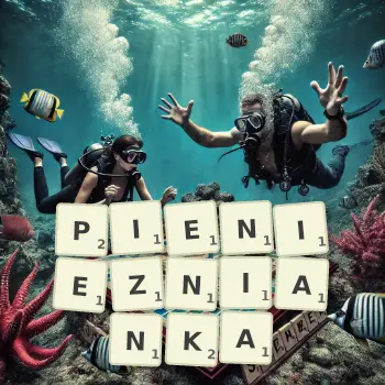 Kreatywna ilustracja do gry w Scrabble ze słowem PIENIEZNIANKA ułożonym z płytek na planszy.
