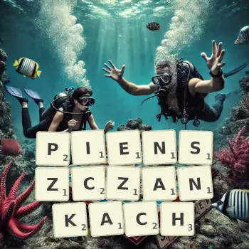Kreatywna ilustracja do gry w Scrabble ze słowem PIENSZCZANKACH ułożonym z płytek na planszy.