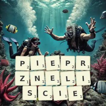 Kreatywna ilustracja do gry w Scrabble ze słowem PIEPRZNELISCIE ułożonym z płytek na planszy.
