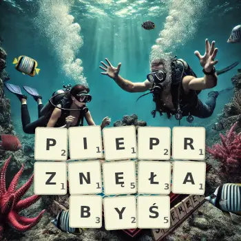 Kreatywna ilustracja do gry w Scrabble ze słowem PIEPRZNĘŁABYŚ ułożonym z płytek na planszy.