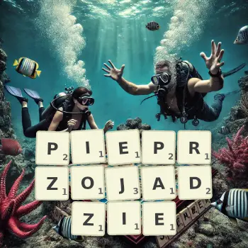Kreatywna ilustracja do gry w Scrabble ze słowem PIEPRZOJADZIE ułożonym z płytek na planszy.