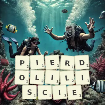 Kreatywna ilustracja do gry w Scrabble ze słowem PIERDOLILISCIE ułożonym z płytek na planszy.