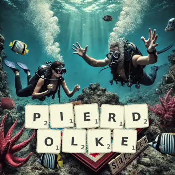 Kreatywna ilustracja do gry w Scrabble ze słowem PIERDOLKE ułożonym z płytek na planszy.