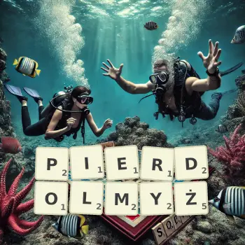 Kreatywna ilustracja do gry w Scrabble ze słowem PIERDOLMYŻ ułożonym z płytek na planszy.