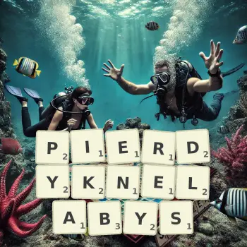 Kreatywna ilustracja do gry w Scrabble ze słowem PIERDYKNELABYS ułożonym z płytek na planszy.