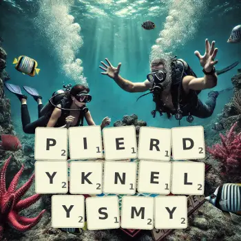 Kreatywna ilustracja do gry w Scrabble ze słowem PIERDYKNELYSMY ułożonym z płytek na planszy.