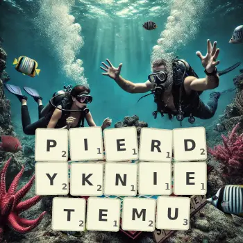 Kreatywna ilustracja do gry w Scrabble ze słowem PIERDYKNIETEMU ułożonym z płytek na planszy.