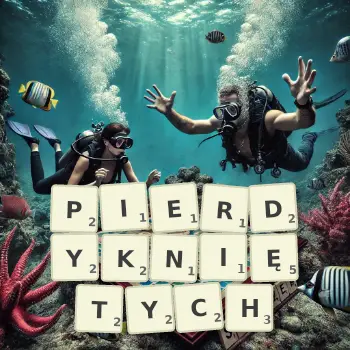 Kreatywna ilustracja do gry w Scrabble ze słowem PIERDYKNIĘTYCH ułożonym z płytek na planszy.