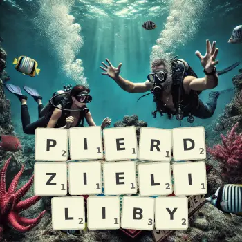Kreatywna ilustracja do gry w Scrabble ze słowem PIERDZIELILIBY ułożonym z płytek na planszy.