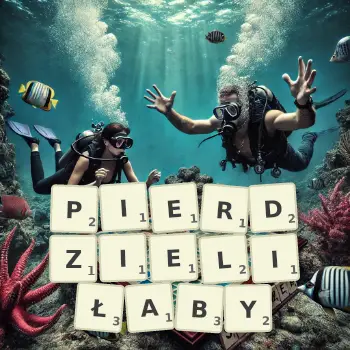 Kreatywna ilustracja do gry w Scrabble ze słowem PIERDZIELIŁABY ułożonym z płytek na planszy.