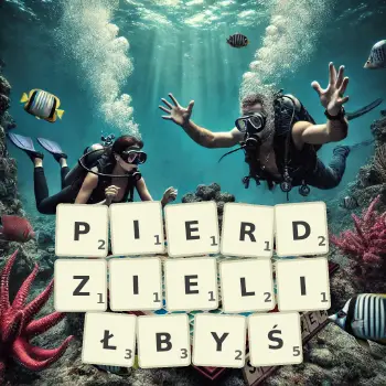Kreatywna ilustracja do gry w Scrabble ze słowem PIERDZIELIŁBYŚ ułożonym z płytek na planszy.