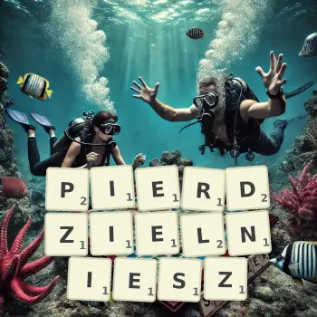 Kreatywna ilustracja do gry w Scrabble ze słowem PIERDZIELNIESZ ułożonym z płytek na planszy.