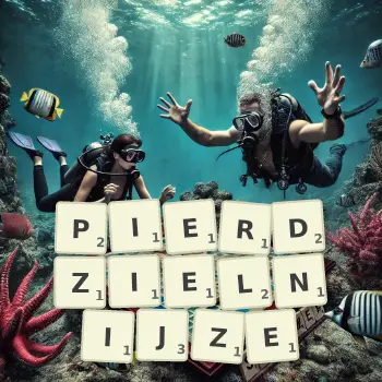 Kreatywna ilustracja do gry w Scrabble ze słowem PIERDZIELNIJZE ułożonym z płytek na planszy.