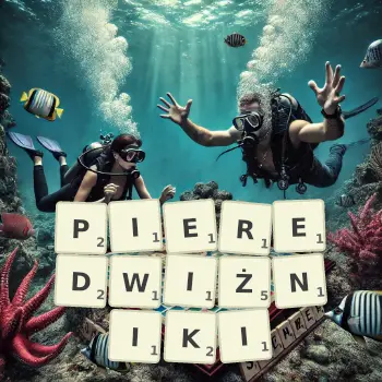 Kreatywna ilustracja do gry w Scrabble ze słowem PIEREDWIŻNIKI ułożonym z płytek na planszy.
