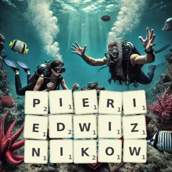 Kreatywna ilustracja do gry w Scrabble ze słowem PIERIEDWIZNIKOW ułożonym z płytek na planszy.