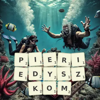 Kreatywna ilustracja do gry w Scrabble ze słowem PIERIEDYSZKOM ułożonym z płytek na planszy.