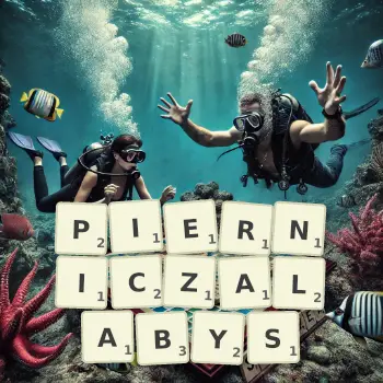Kreatywna ilustracja do gry w Scrabble ze słowem PIERNICZALABYS ułożonym z płytek na planszy.