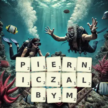 Kreatywna ilustracja do gry w Scrabble ze słowem PIERNICZALBYM ułożonym z płytek na planszy.