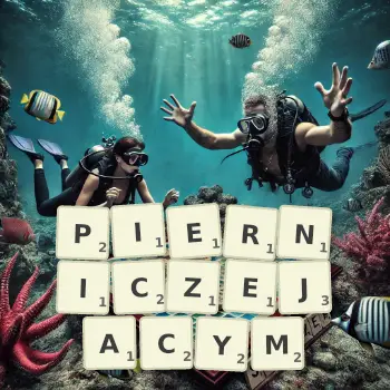 Kreatywna ilustracja do gry w Scrabble ze słowem PIERNICZEJACYM ułożonym z płytek na planszy.