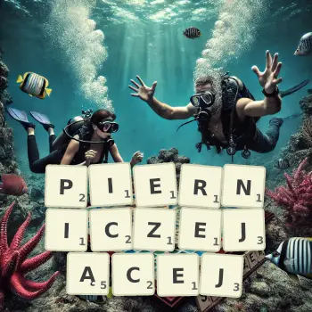 Kreatywna ilustracja do gry w Scrabble ze słowem PIERNICZEJĄCEJ ułożonym z płytek na planszy.