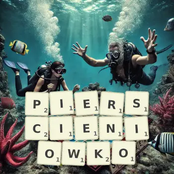 Kreatywna ilustracja do gry w Scrabble ze słowem PIERSCIENIOWKO ułożonym z płytek na planszy.