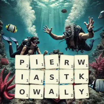 Kreatywna ilustracja do gry w Scrabble ze słowem PIERWIASTKOWALY ułożonym z płytek na planszy.