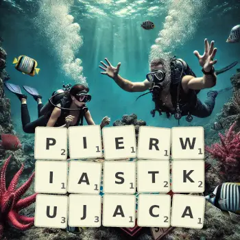 Kreatywna ilustracja do gry w Scrabble ze słowem PIERWIASTKUJACA ułożonym z płytek na planszy.