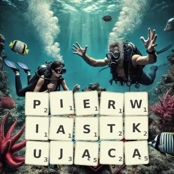 Kreatywna ilustracja do gry w Scrabble ze słowem PIERWIASTKUJĄCĄ ułożonym z płytek na planszy.