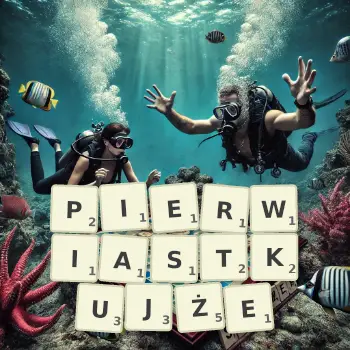 Kreatywna ilustracja do gry w Scrabble ze słowem PIERWIASTKUJŻE ułożonym z płytek na planszy.