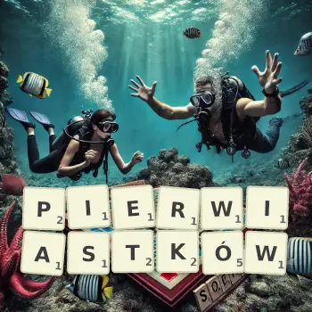 Kreatywna ilustracja do gry w Scrabble ze słowem PIERWIASTKÓW ułożonym z płytek na planszy.