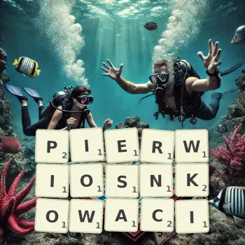 Kreatywna ilustracja do gry w Scrabble ze słowem PIERWIOSNKOWACI ułożonym z płytek na planszy.