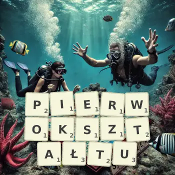 Kreatywna ilustracja do gry w Scrabble ze słowem PIERWOKSZTAŁTU ułożonym z płytek na planszy.