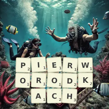 Kreatywna ilustracja do gry w Scrabble ze słowem PIERWORODKACH ułożonym z płytek na planszy.