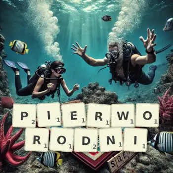 Kreatywna ilustracja do gry w Scrabble ze słowem PIERWORODNI ułożonym z płytek na planszy.